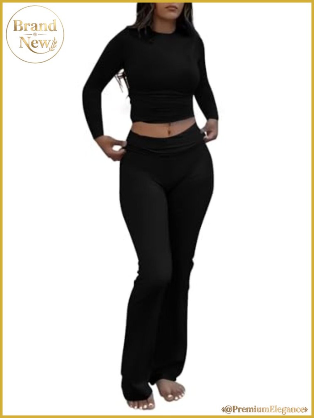 Women's 2 Piece Lounge Set Long Sleeve Top Foldover Flare Pants Slim Fit